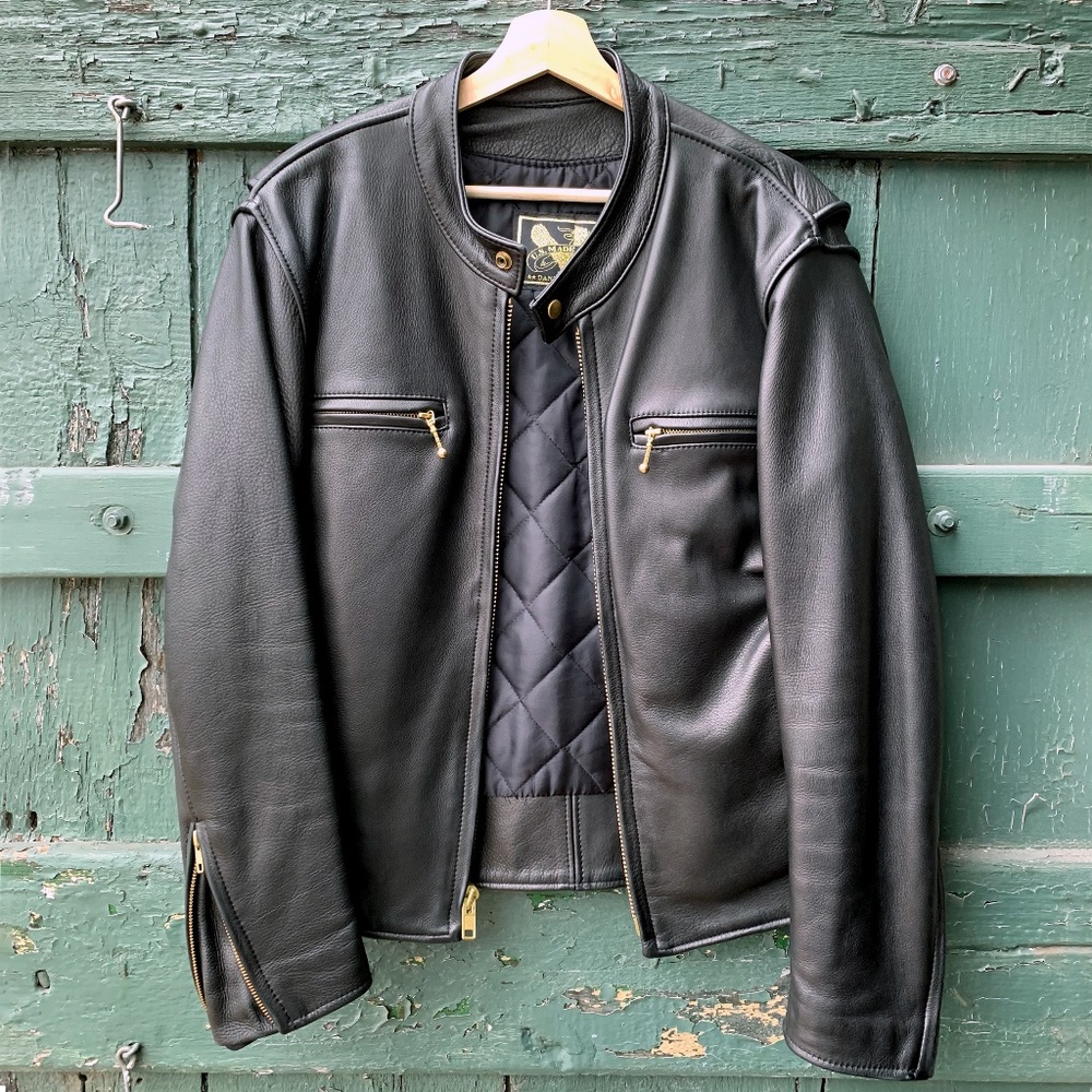 Moto Racer Leather Jacket 34-36 Handmade Black/Brass